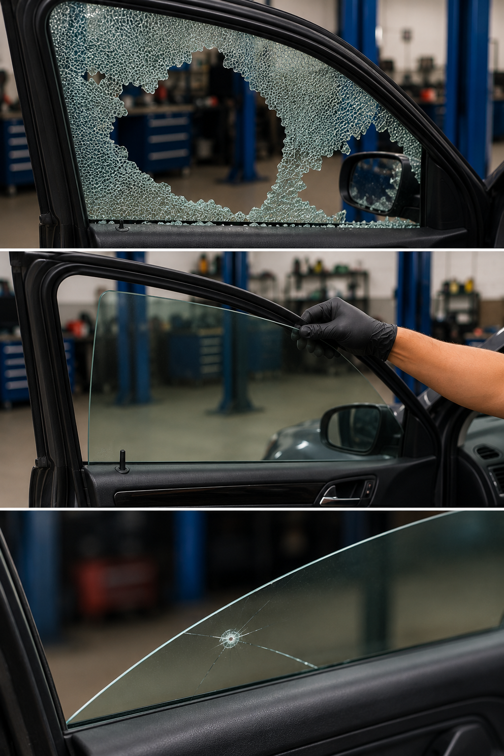 White car with shattered door window