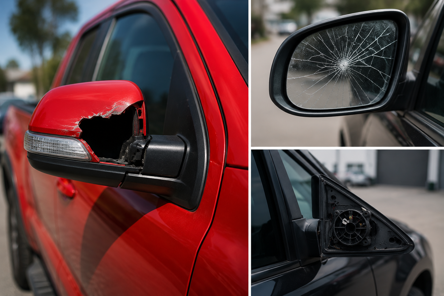 Damaged red truck side mirror
